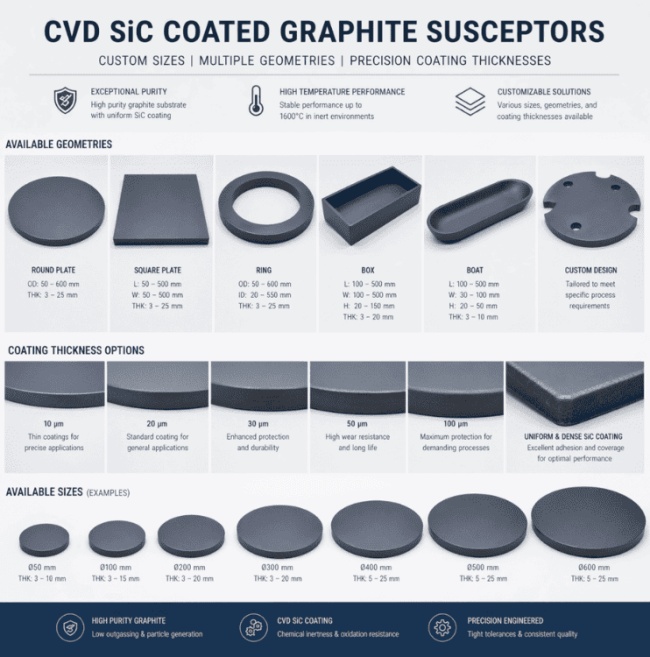 CVD SiC COATED GRAPHITE SUSCEPTORS CUSTOM SIZES MULTIPLE GEOMETRIES PRECISION COATING THICKNESSES