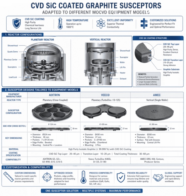 CVD SiC COATED GRAPHITE SUSCEPTORS ADAPTED TO DIFFERENT MOCVD EQUIPMENT MODELS