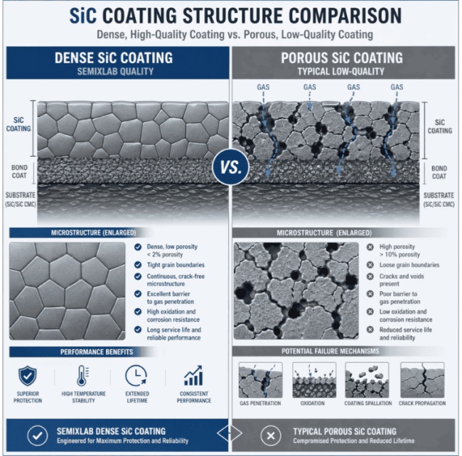 SiC COATING STRUCTURE COMPARISON Dense, High Quality Coating vs.Porous,Low Quality Coating