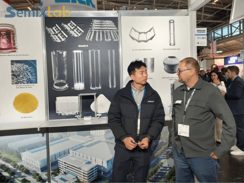 Semiconductor epitaxy experts and our colleagues engaged in lively discussions at the Semixlab booth at Semicon Euro 2025